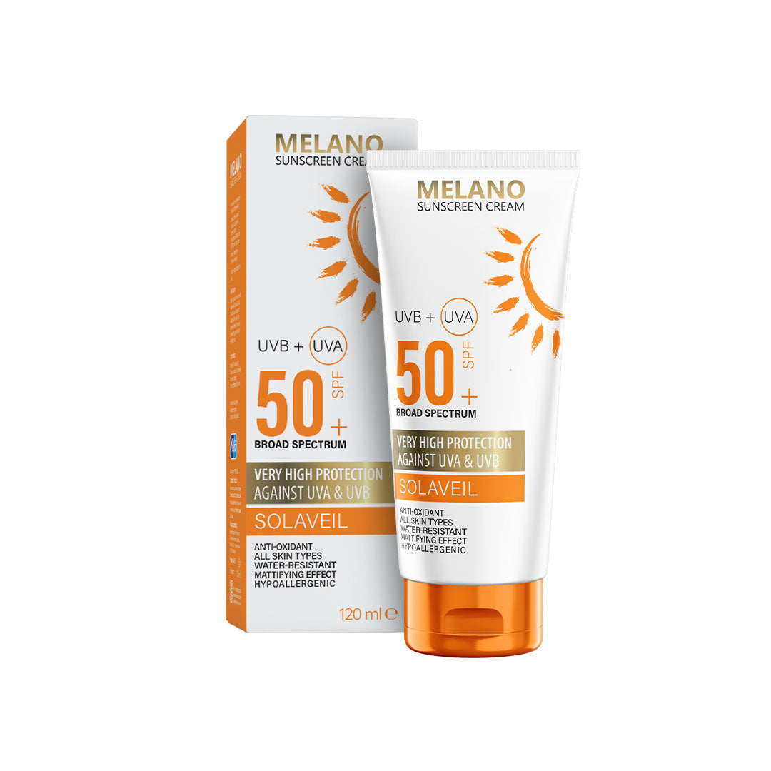 Melano sunscreen cream tube and packaging on a white background