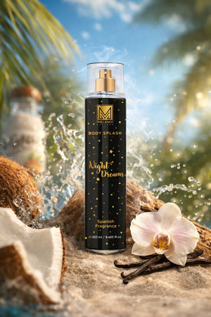 Body splash bottle labeled 'Night Dreams' with coconut, orchid, and vanilla beans against a tropical background.