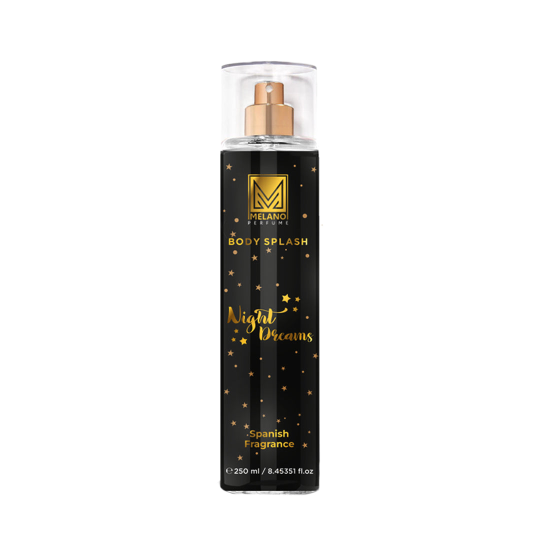 Body Splash bottle labeled 'Night Dreams' by Melano on a white background