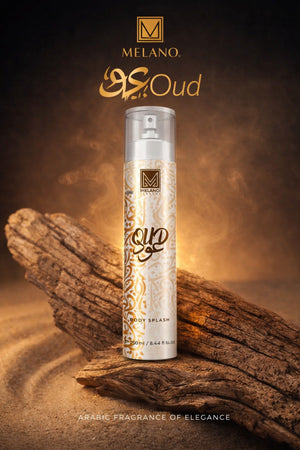 Melano Oud body splash bottle on a wooden background with sandalwood pieces.