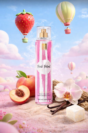 Pink petal perfume mist with strawberry, peach, and vanilla beans against a colorful sky background