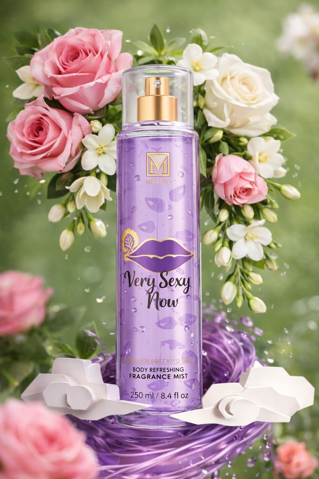 Purple 'Very Sexy Now' fragrance body splash bottle surrounded by pink and white flowers on a green background