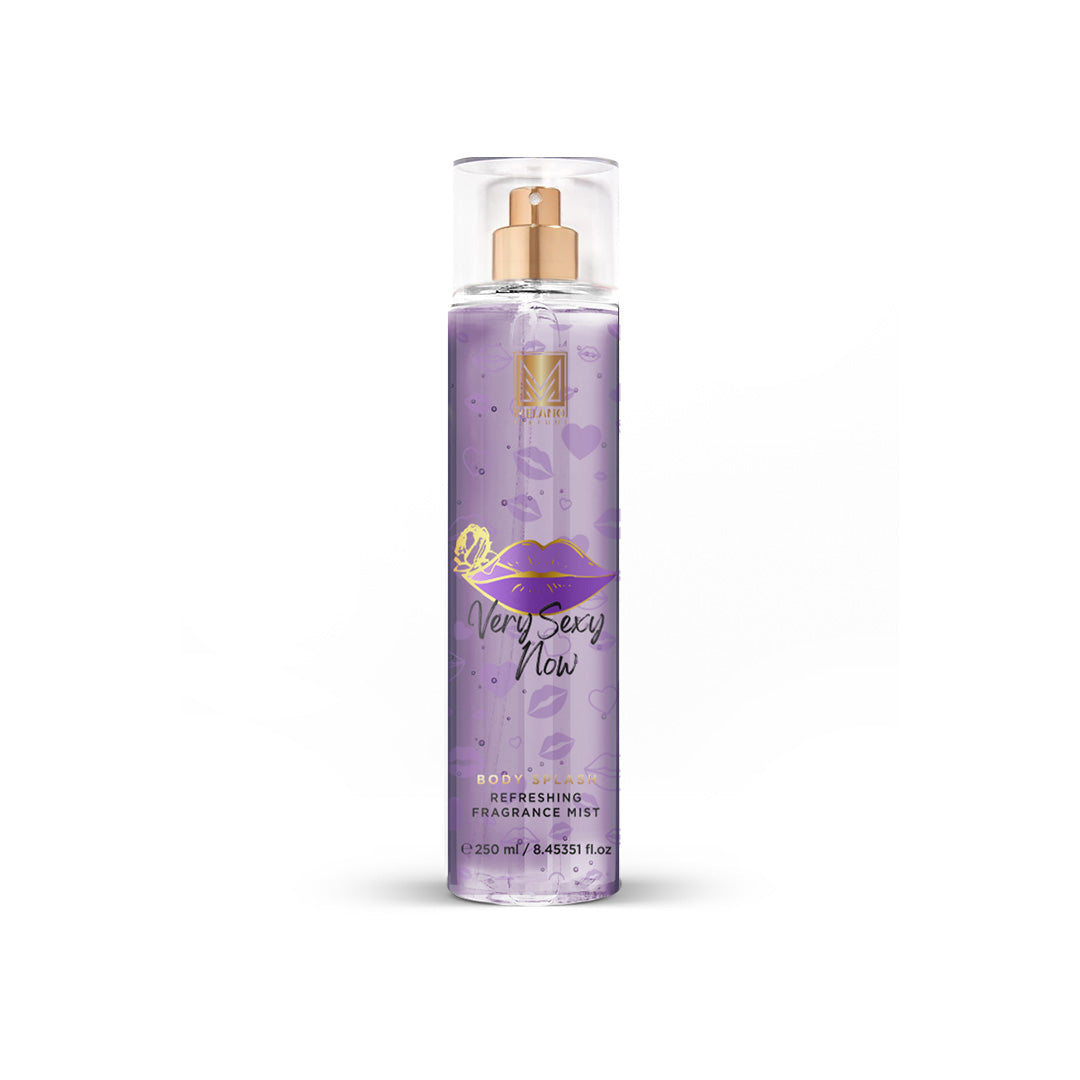  Very Sexy Now Melano Body Splash
 bottle with gold cap on a white background 
