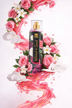Wicked in Secret Melano Body Splash bottle with floral design and pink liquid on a white background