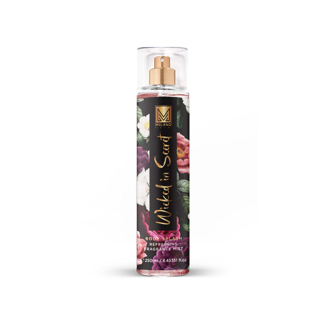 Wicked in Secret Melano Body Splash bottle with floral design and text on a white background