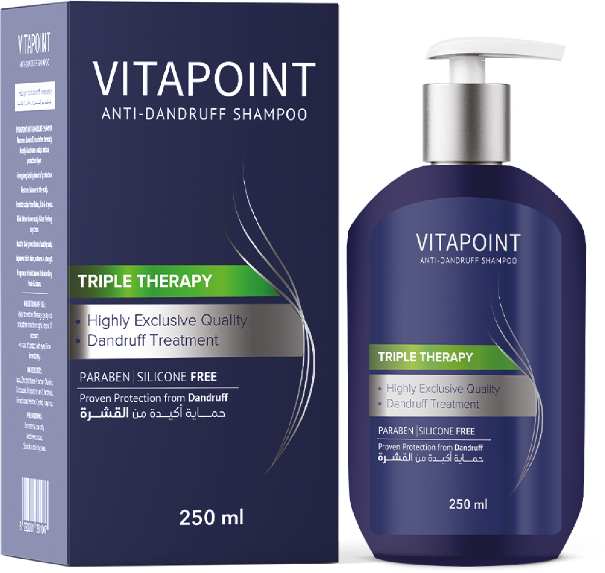 Vitapoint anti dandruff shampoo bottle and packaging on a white background