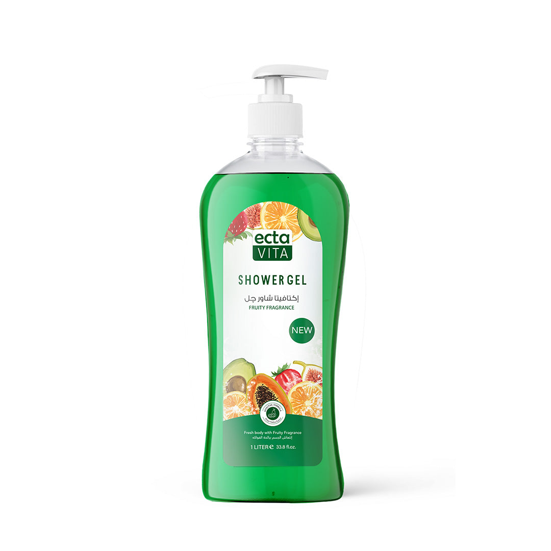 Green bottle of ectavita Fruity shower gel with a pump on a white background