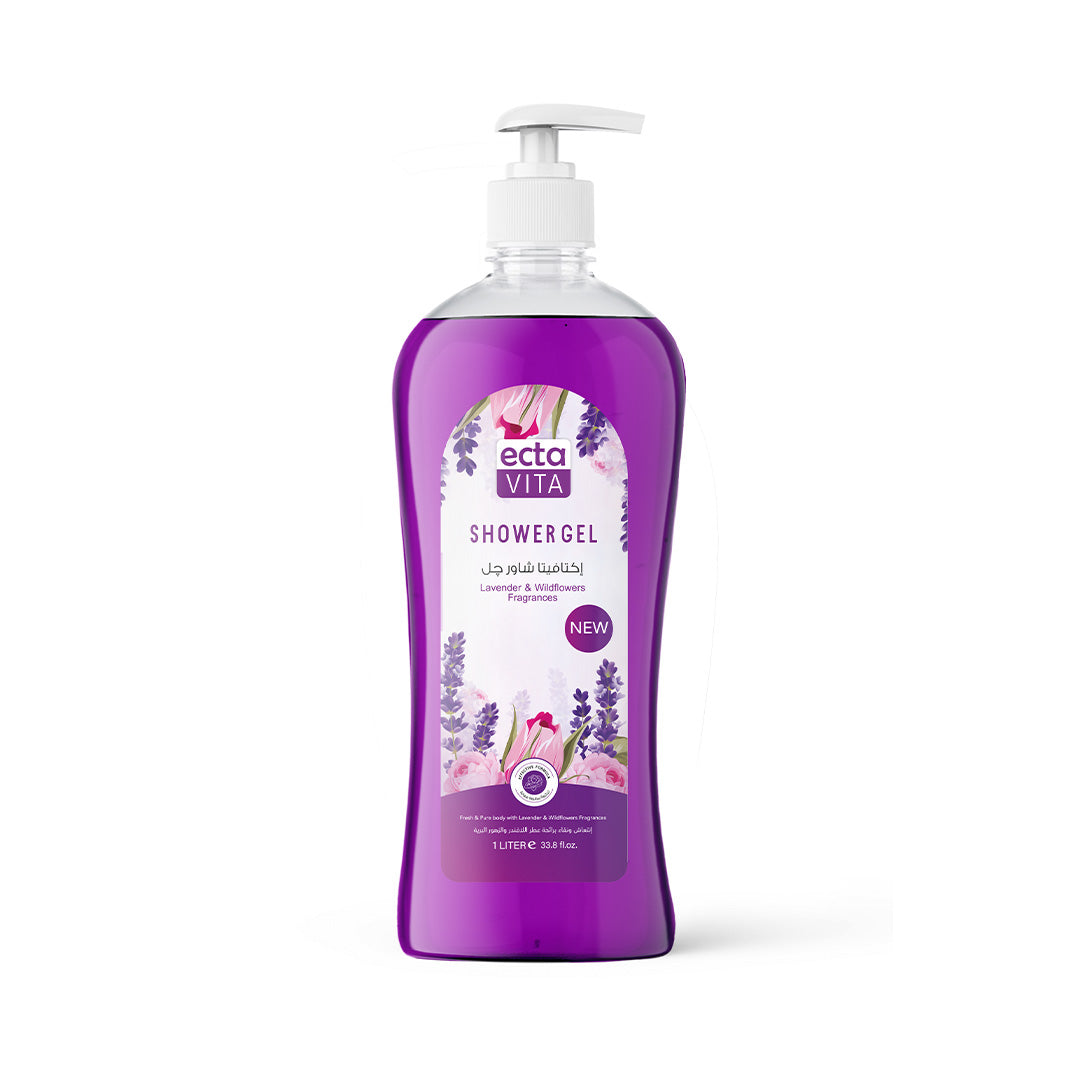 Purple bottle of ectavita Lavender shower gel on a white background