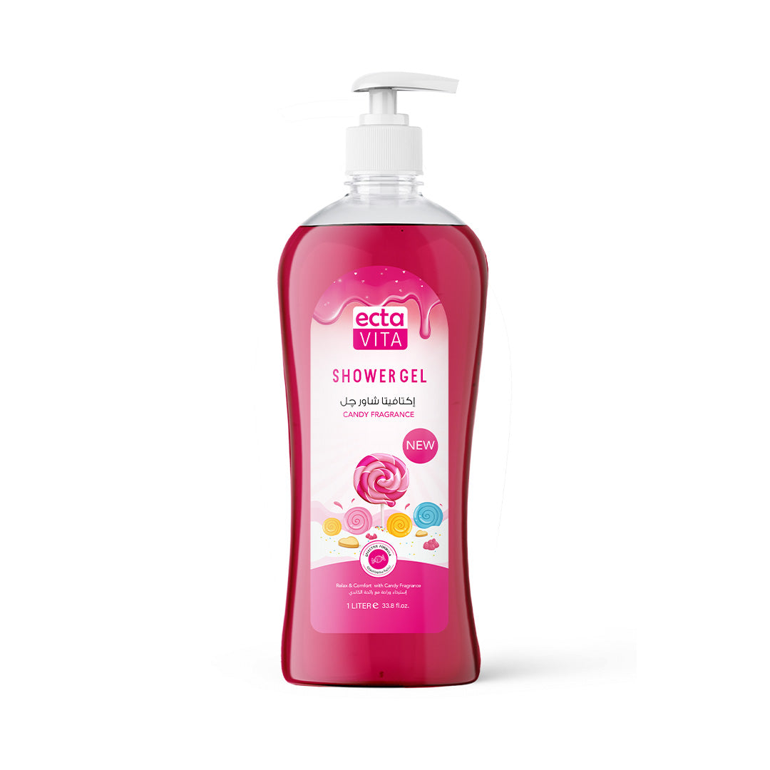 Red bottle of ectavita candy shower gel with a white pump on a white background