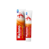 Two tubes of Melano massage cream plus on a white background