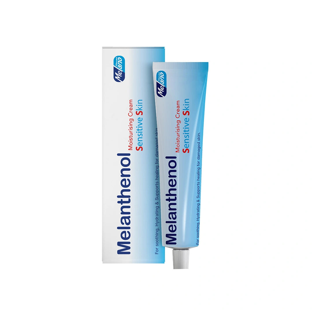Melanthenol moisturizing cream tube and packaging on a white background