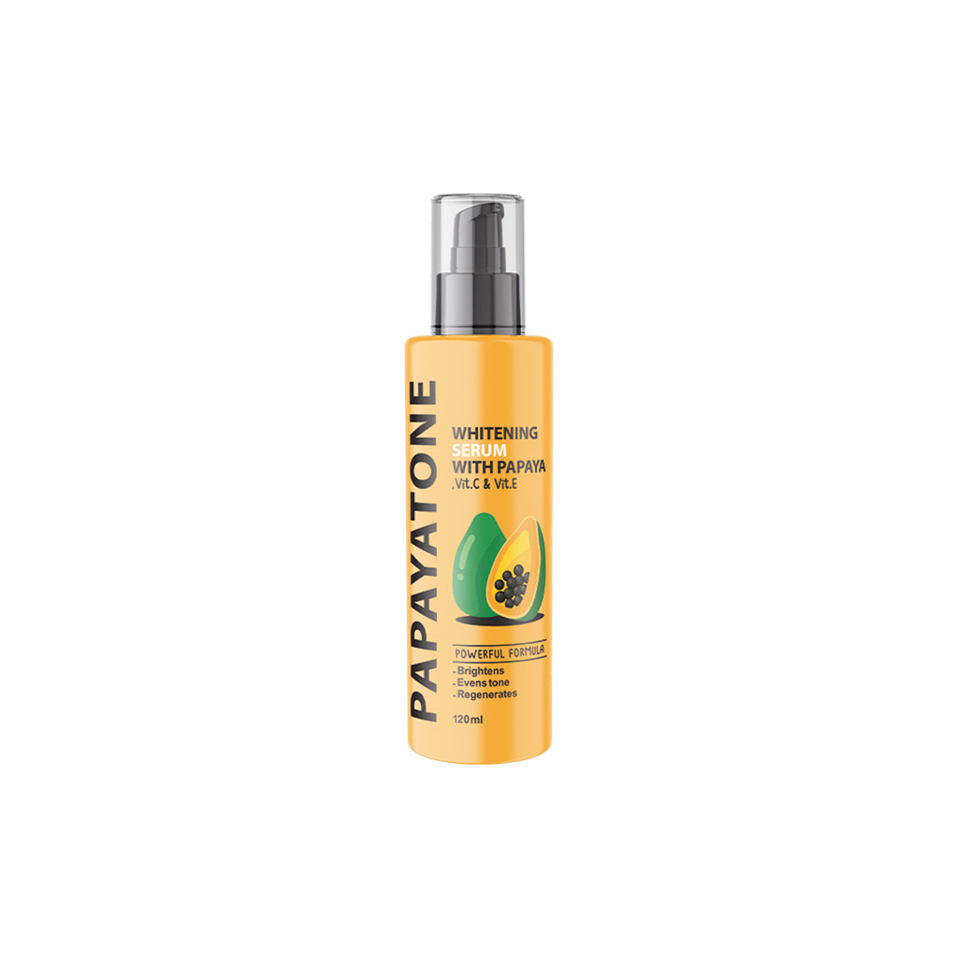Papaya-tone whitening spray bottle with papaya extract on a white background