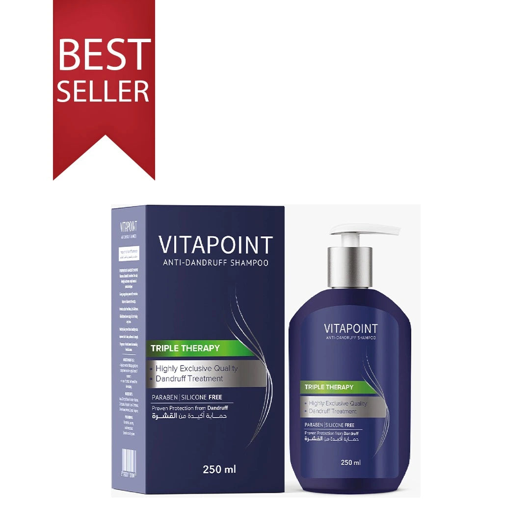vitapoint anti dandruff shampoo bottle and packaging with 'Best Seller' label on a white background